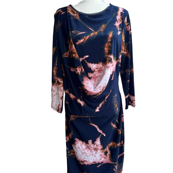 Simply Vera Wang 3/4 Sleeve Blue Pink Diagonal Drape Abstract Print Dress size L - Picture 1 of 12